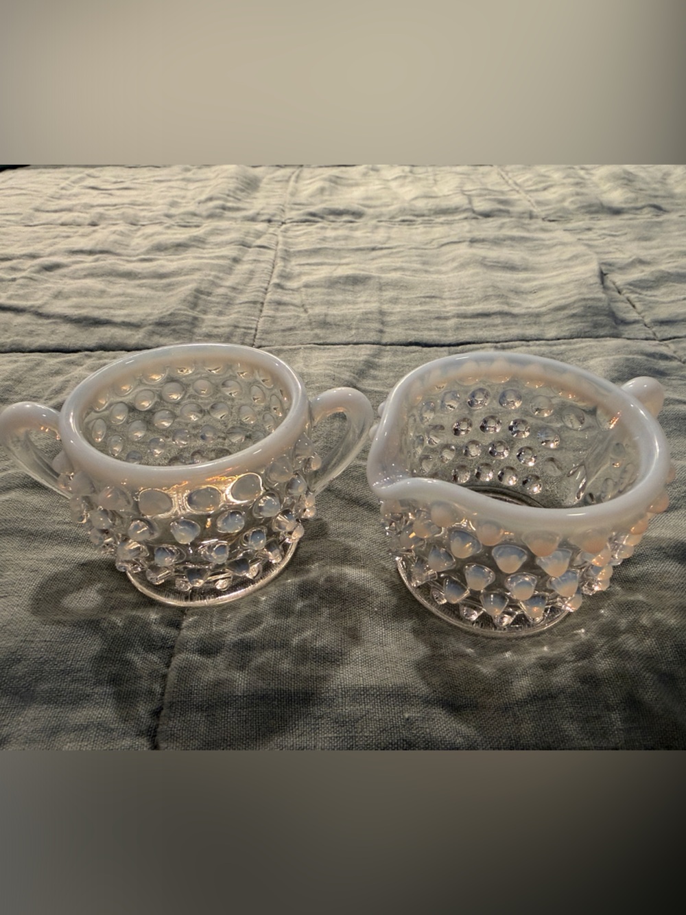 Vintage Moonstone Hobnail Glass Sugar and Creamer Set